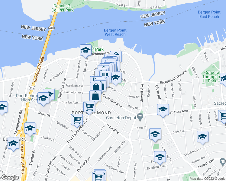 map of restaurants, bars, coffee shops, grocery stores, and more near 116 New Street in Staten Island