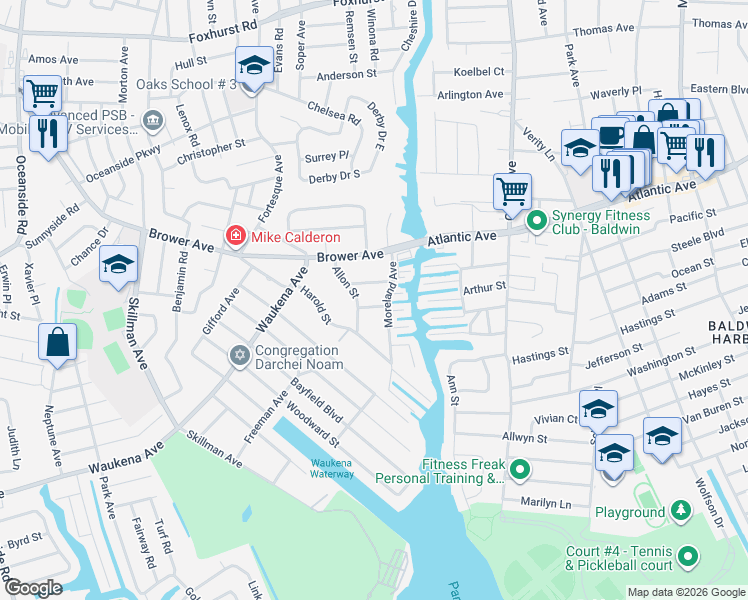 map of restaurants, bars, coffee shops, grocery stores, and more near 2950 Moreland Avenue in Oceanside