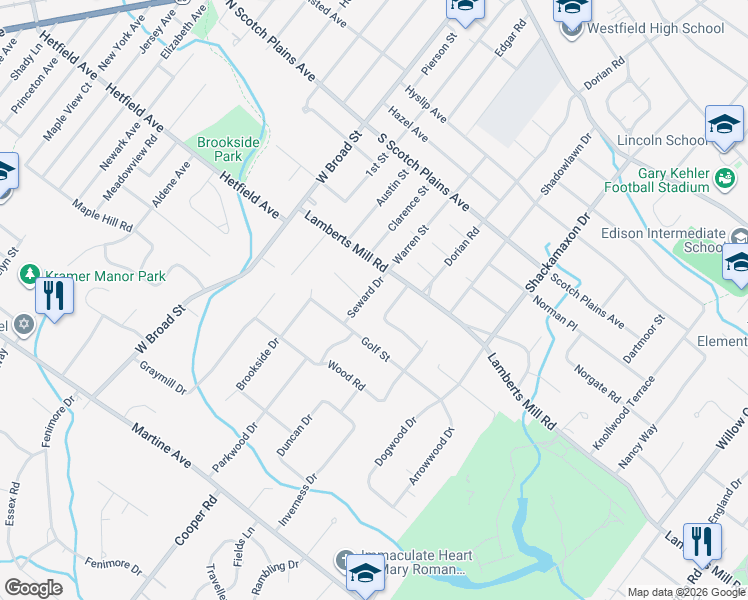 map of restaurants, bars, coffee shops, grocery stores, and more near 2130 Seward Drive in Scotch Plains