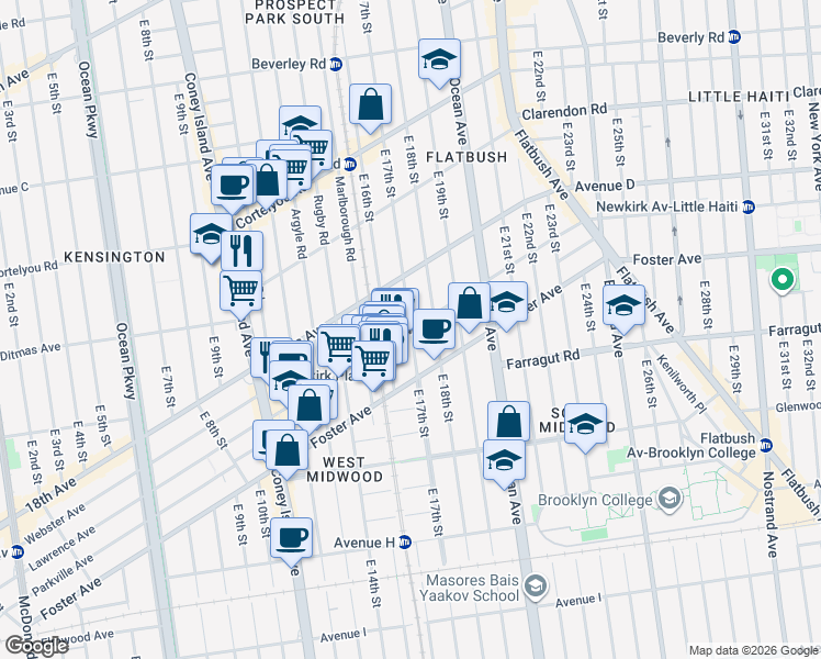 map of restaurants, bars, coffee shops, grocery stores, and more near 585 East 17th Street in Brooklyn