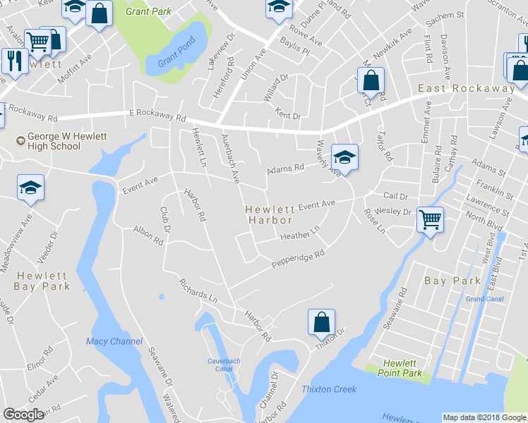 map of restaurants, bars, coffee shops, grocery stores, and more near 1322 Everit Place in Hewlett