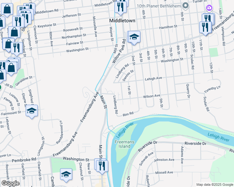 map of restaurants, bars, coffee shops, grocery stores, and more near 1520 Lindberg Road in Bethlehem