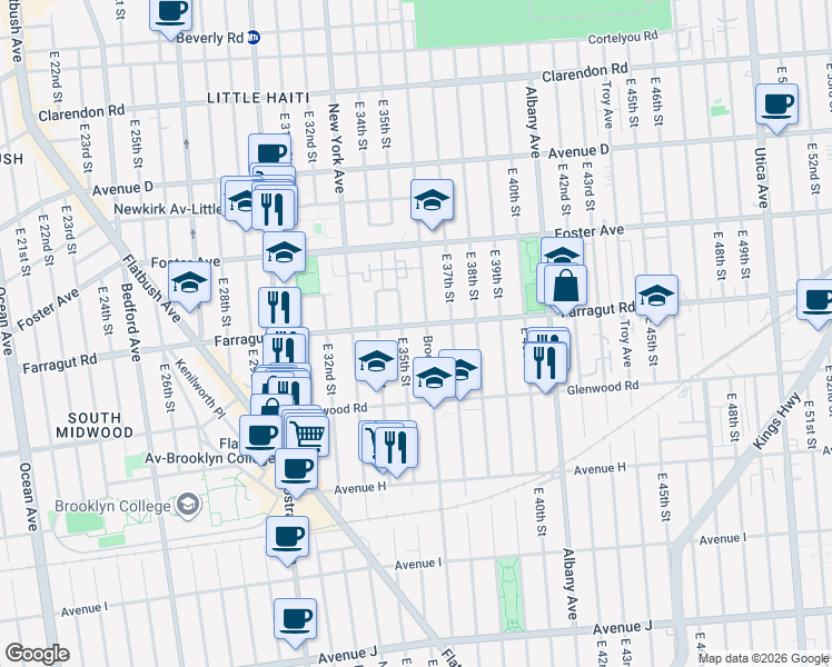 map of restaurants, bars, coffee shops, grocery stores, and more near 3524 Farragut Road in Brooklyn