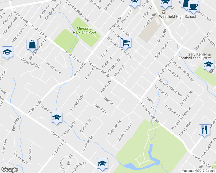 map of restaurants, bars, coffee shops, grocery stores, and more near 2130 Seward Drive in Scotch Plains