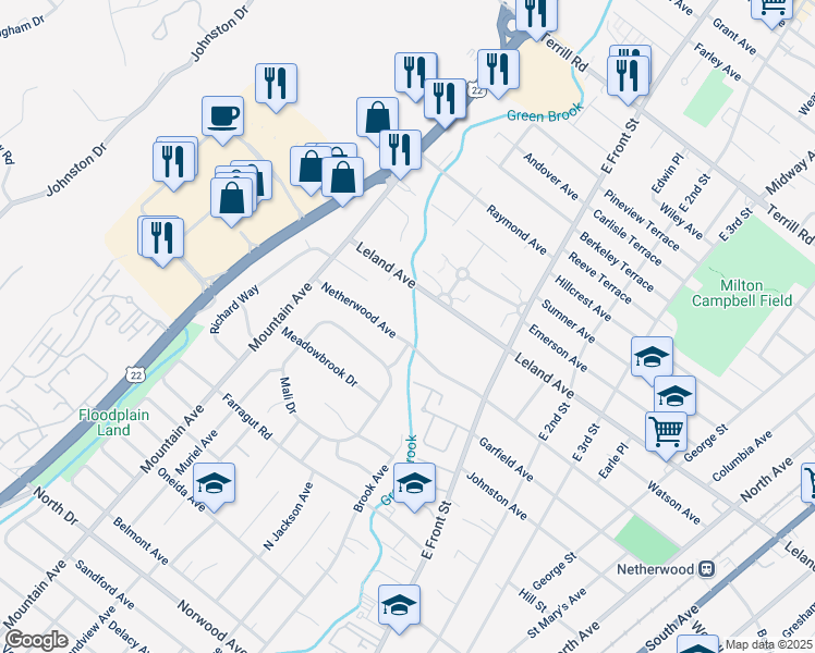 map of restaurants, bars, coffee shops, grocery stores, and more near 84 Netherwood Avenue in North Plainfield