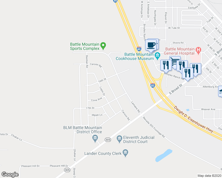 map of restaurants, bars, coffee shops, grocery stores, and more near 295 Carson Road in Battle Mountain