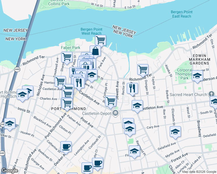 map of restaurants, bars, coffee shops, grocery stores, and more near 60 Avenue B in Staten Island