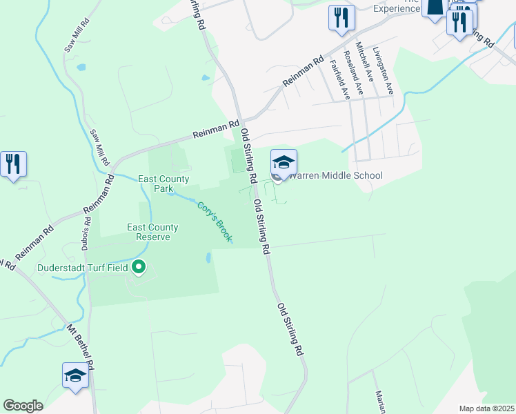 map of restaurants, bars, coffee shops, grocery stores, and more near 85 Old Stirling Road in Warren