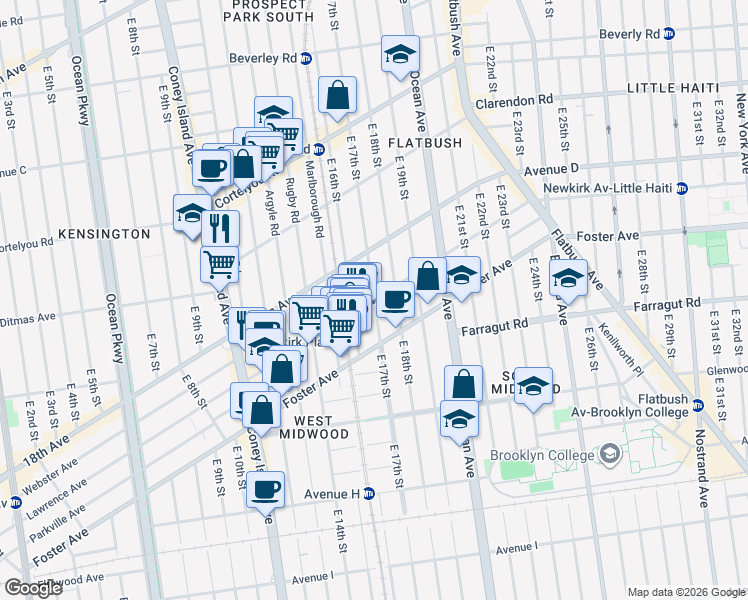 map of restaurants, bars, coffee shops, grocery stores, and more near E 17th St & Newkirk Ave in Brooklyn