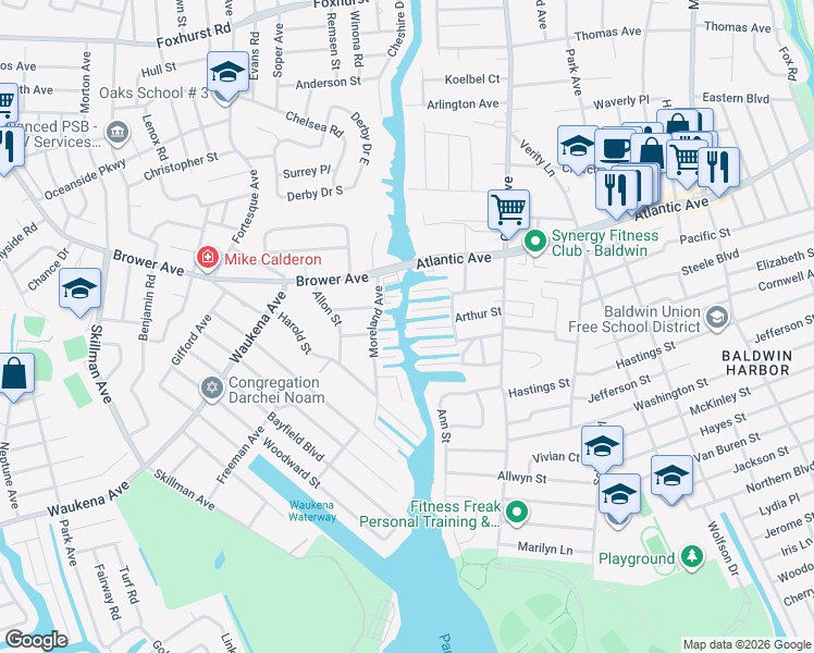 map of restaurants, bars, coffee shops, grocery stores, and more near 627 Arthur Street in Baldwin