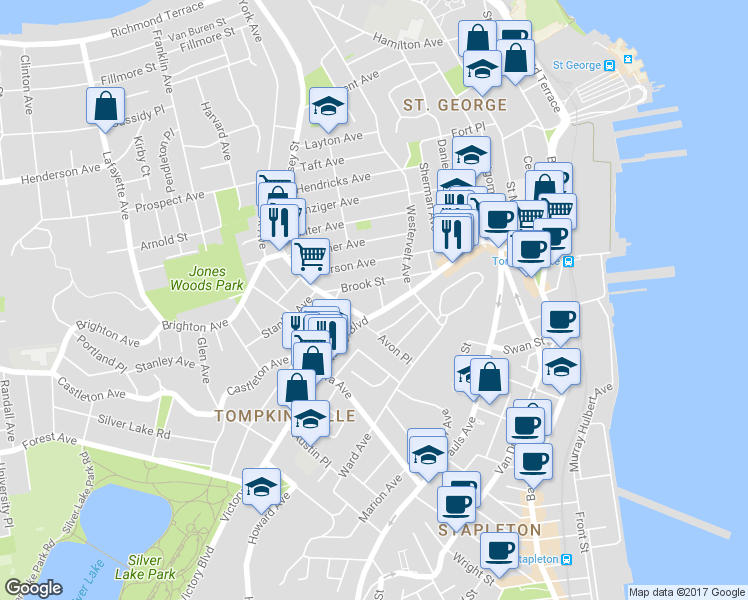 map of restaurants, bars, coffee shops, grocery stores, and more near 16 Pike St in Staten Island
