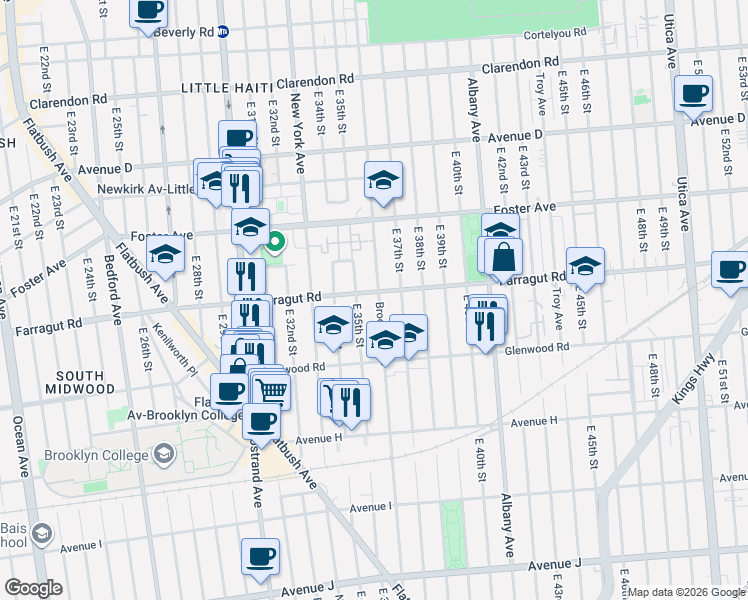 map of restaurants, bars, coffee shops, grocery stores, and more near 3522 Farragut Road in Brooklyn