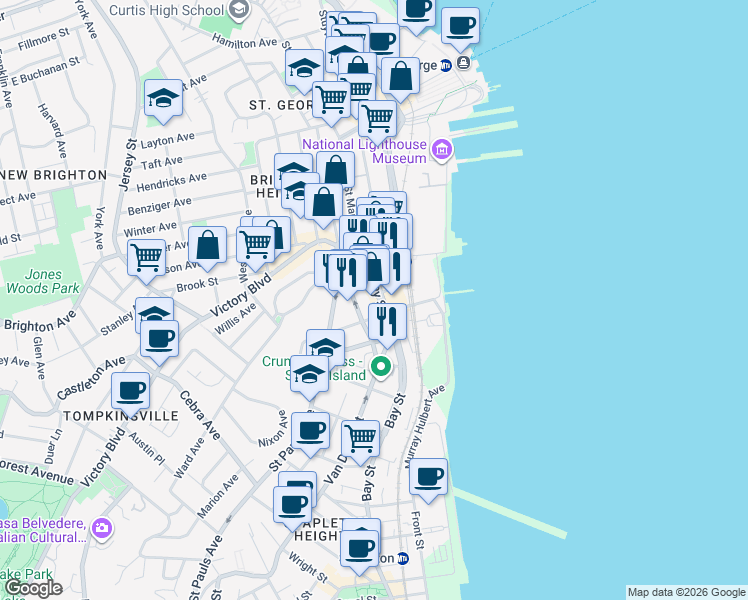 map of restaurants, bars, coffee shops, grocery stores, and more near 231 Bay Street in Staten Island
