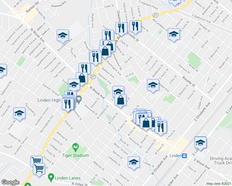map of restaurants, bars, coffee shops, grocery stores, and more near 31 East Gibbons Street in Linden