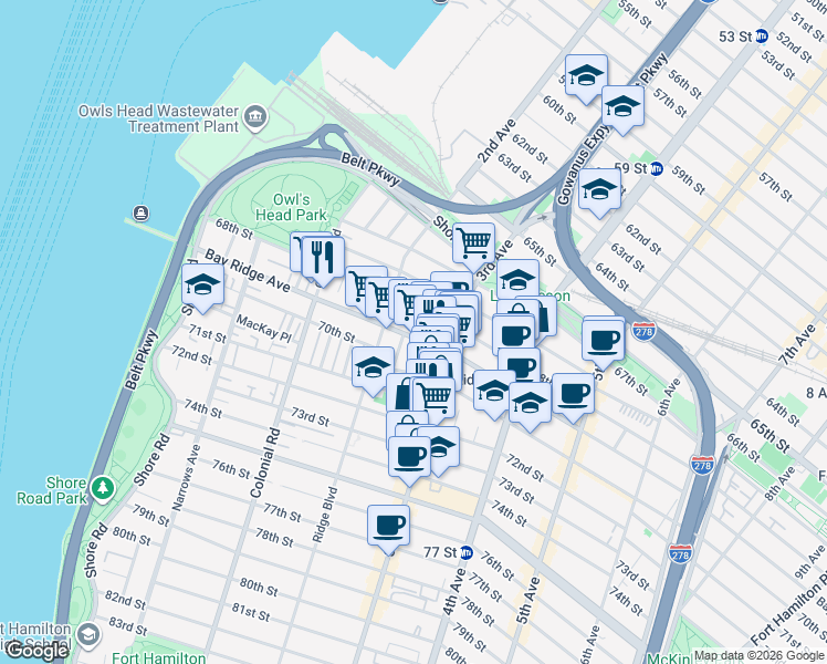 map of restaurants, bars, coffee shops, grocery stores, and more near 219 Bay Ridge Avenue in Brooklyn