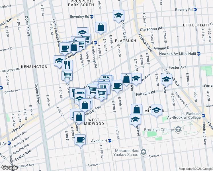 map of restaurants, bars, coffee shops, grocery stores, and more near 585 East 16th Street in Brooklyn