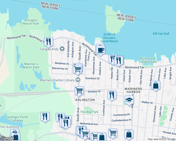 map of restaurants, bars, coffee shops, grocery stores, and more near 121 Grandview Avenue in Staten Island