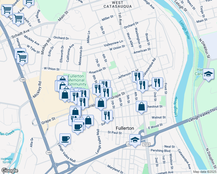 map of restaurants, bars, coffee shops, grocery stores, and more near 947 7th Street in Fullerton
