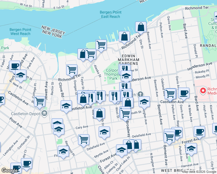 map of restaurants, bars, coffee shops, grocery stores, and more near 820 Henderson Avenue in Staten Island