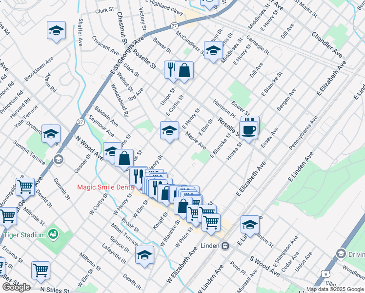 map of restaurants, bars, coffee shops, grocery stores, and more near 17 Conklin Place in Linden