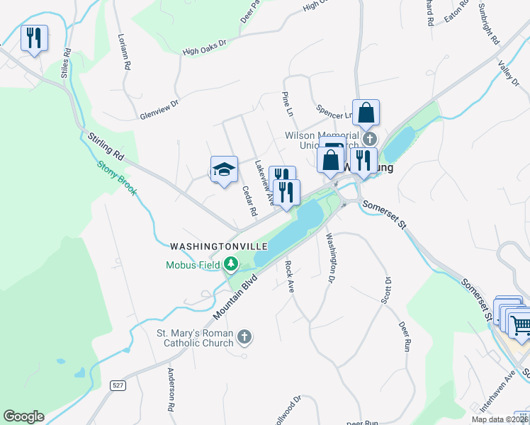 map of restaurants, bars, coffee shops, grocery stores, and more near 66 Stirling Road in Basking Ridge