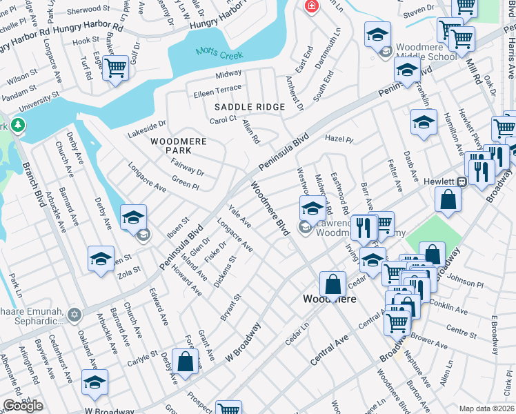map of restaurants, bars, coffee shops, grocery stores, and more near 891 Cambridge Road in Woodmere
