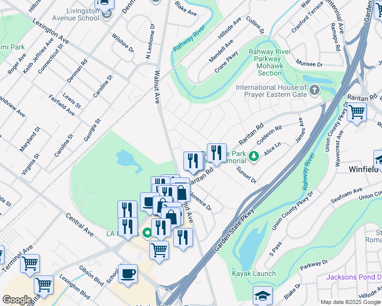 map of restaurants, bars, coffee shops, grocery stores, and more near 21 Pershing Avenue in Cranford
