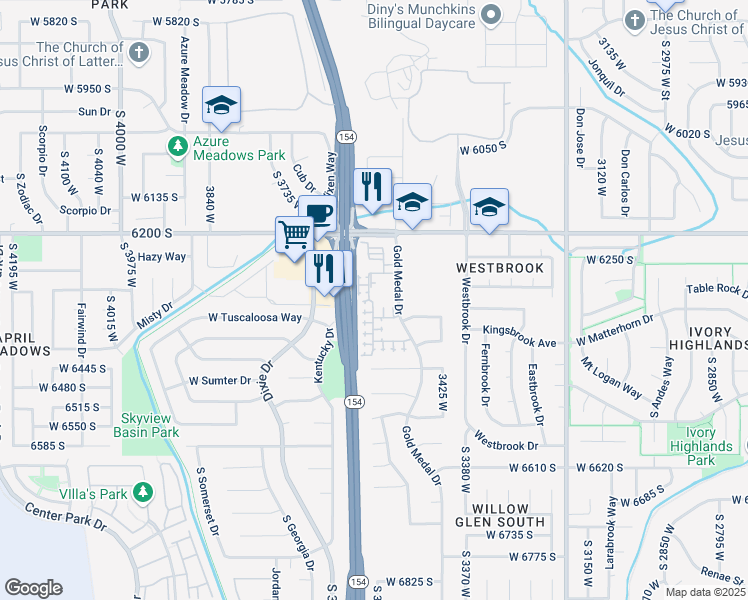 map of restaurants, bars, coffee shops, grocery stores, and more near 6302 Gold Medal Drive in West Jordan