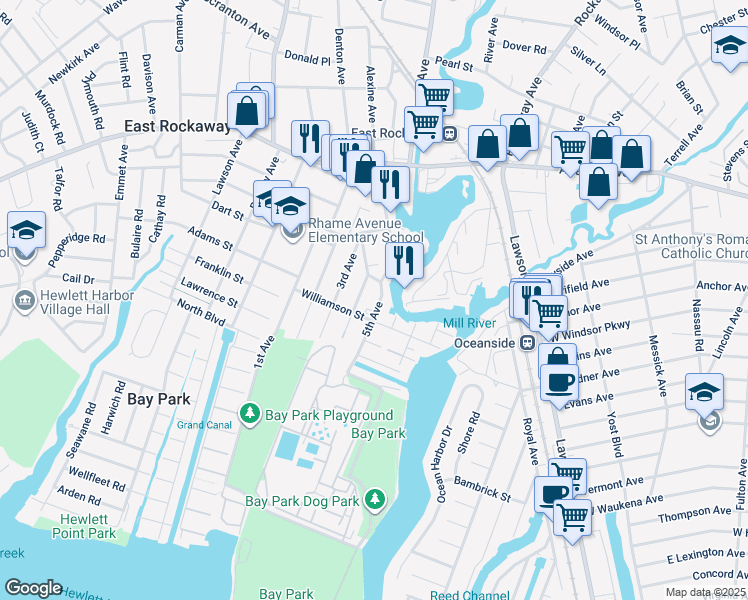 map of restaurants, bars, coffee shops, grocery stores, and more near 6 5th Avenue in East Rockaway