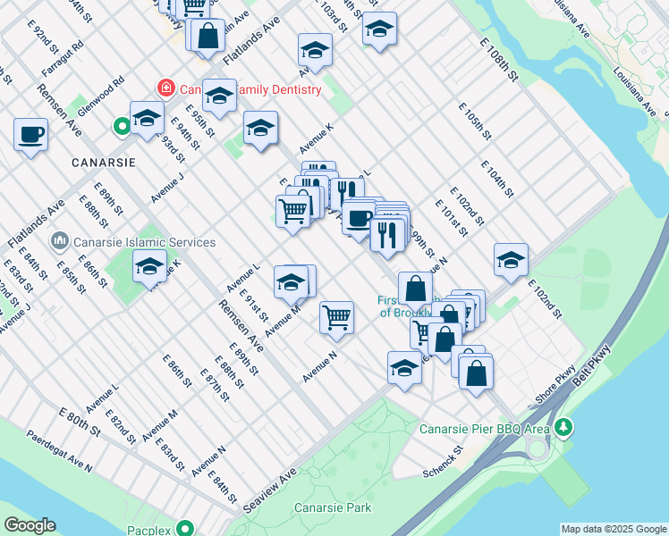 map of restaurants, bars, coffee shops, grocery stores, and more near 9521 Avenue M in Brooklyn