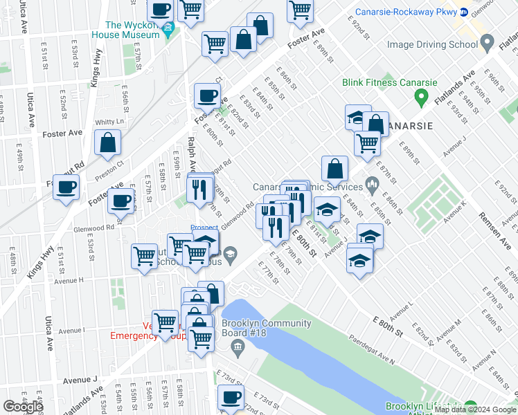 map of restaurants, bars, coffee shops, grocery stores, and more near 701 East 79th Street in Brooklyn