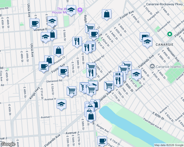 map of restaurants, bars, coffee shops, grocery stores, and more near 1651 Ralph Avenue in Brooklyn