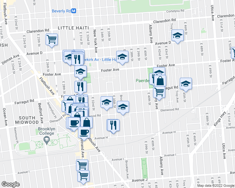 map of restaurants, bars, coffee shops, grocery stores, and more near 3524 Farragut Road in Brooklyn
