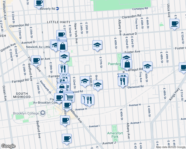 map of restaurants, bars, coffee shops, grocery stores, and more near 3524 Farragut Road in Brooklyn