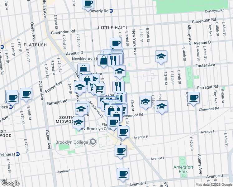 map of restaurants, bars, coffee shops, grocery stores, and more near 2905 Farragut Road in Brooklyn