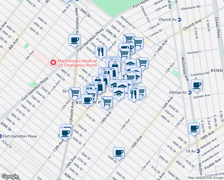 map of restaurants, bars, coffee shops, grocery stores, and more near 1336 45th Street in Brooklyn
