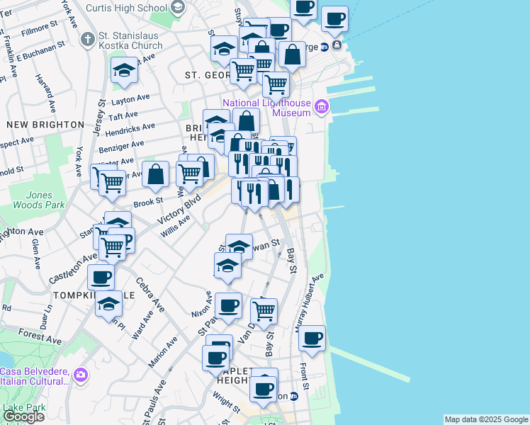 map of restaurants, bars, coffee shops, grocery stores, and more near 58 Van Duzer Street in Staten Island