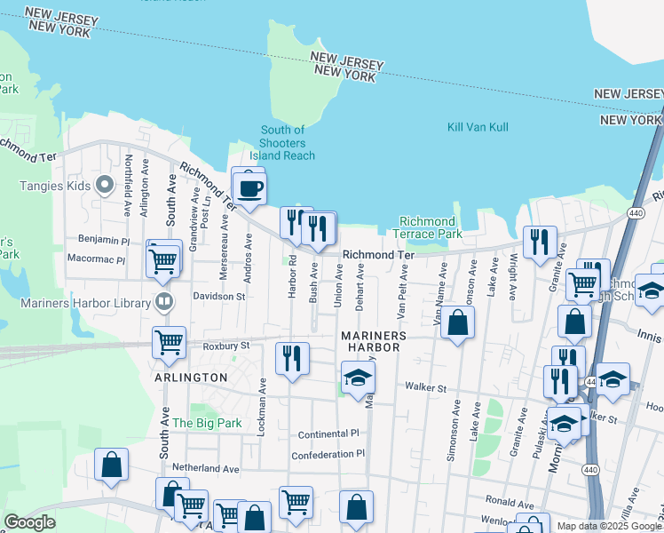 map of restaurants, bars, coffee shops, grocery stores, and more near 1 Coonley Court in Staten Island