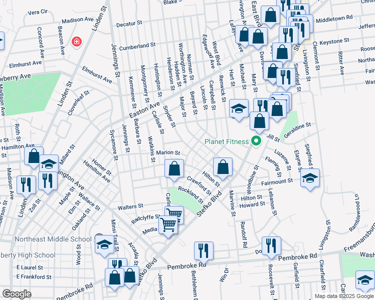 map of restaurants, bars, coffee shops, grocery stores, and more near 1717 Snyder Street in Bethlehem