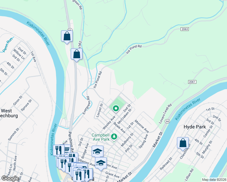 map of restaurants, bars, coffee shops, grocery stores, and more near 111 Highland Avenue in Leechburg