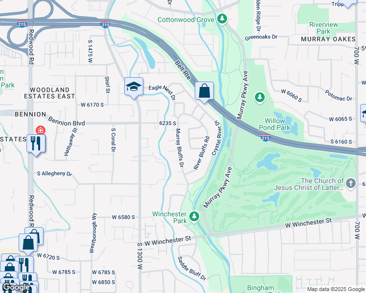 map of restaurants, bars, coffee shops, grocery stores, and more near 6291 Murray Bluffs Drive in Murray