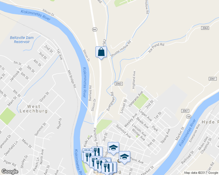 map of restaurants, bars, coffee shops, grocery stores, and more near 489 Evergreen Road in Leechburg