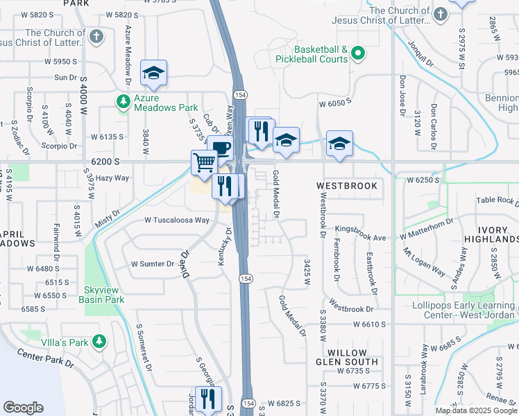map of restaurants, bars, coffee shops, grocery stores, and more near 6302 Gold Medal Drive in West Jordan