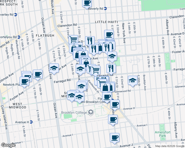 map of restaurants, bars, coffee shops, grocery stores, and more near 1401 Flatbush Avenue in Brooklyn