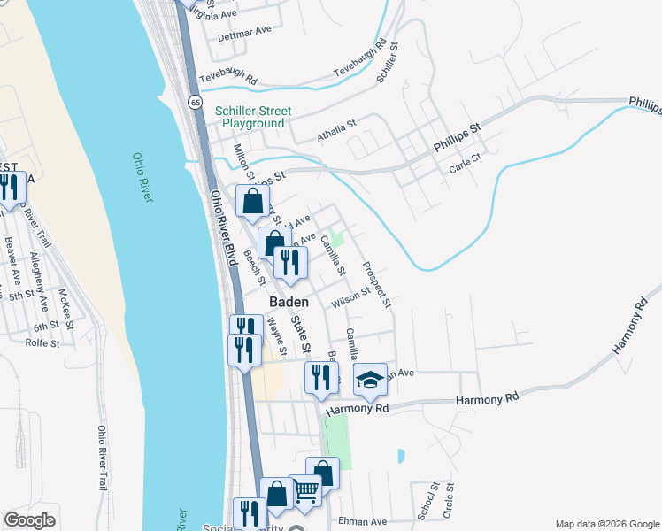 map of restaurants, bars, coffee shops, grocery stores, and more near 389 Camilla Street in Baden