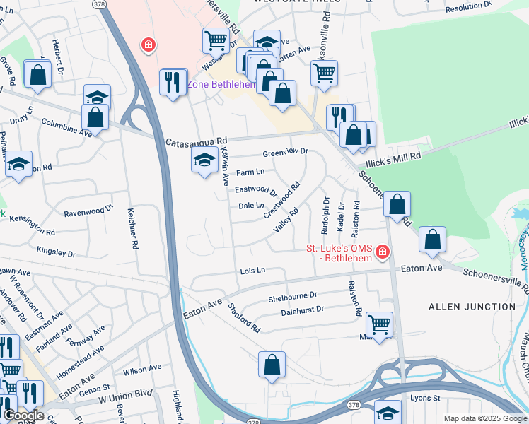 map of restaurants, bars, coffee shops, grocery stores, and more near 1505 Dale Lane in Bethlehem