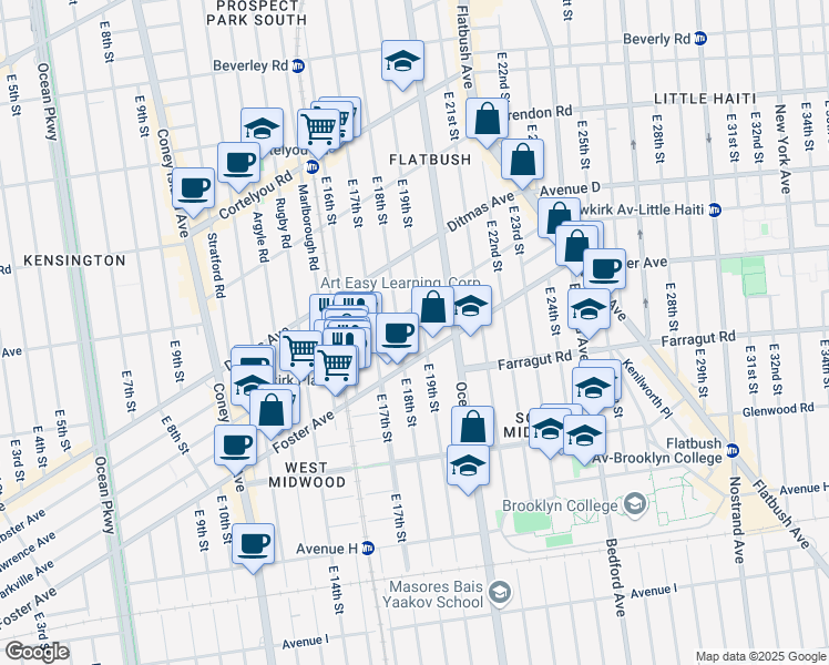 map of restaurants, bars, coffee shops, grocery stores, and more near 586 East 19th Street in Brooklyn