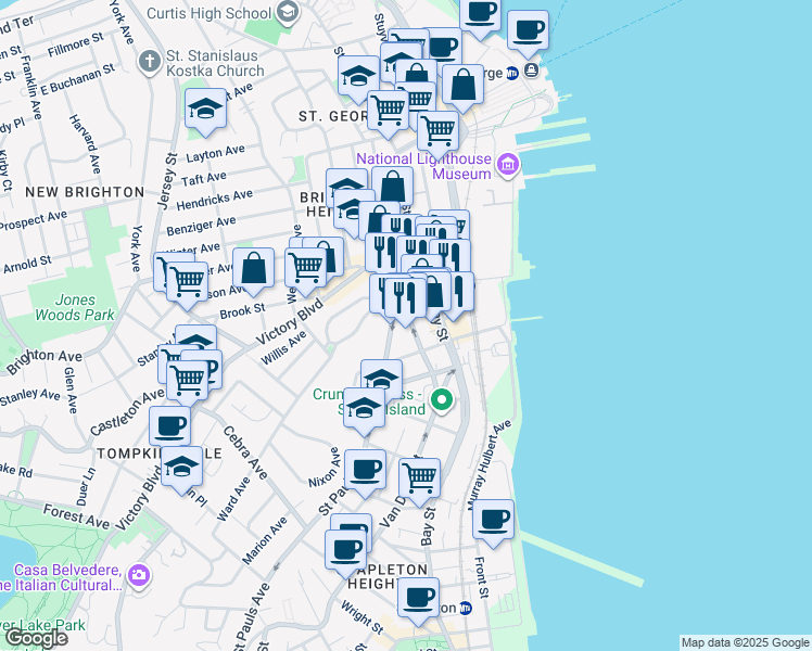 map of restaurants, bars, coffee shops, grocery stores, and more near 58 Van Duzer Street in Staten Island