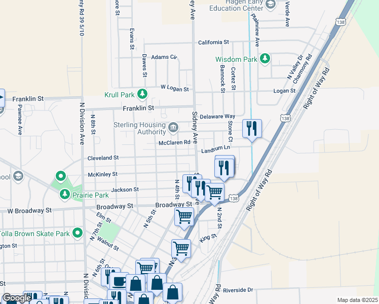 map of restaurants, bars, coffee shops, grocery stores, and more near 306 Cleveland Street in Sterling