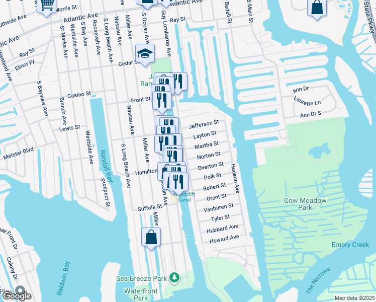 map of restaurants, bars, coffee shops, grocery stores, and more near 3 Martha Street in Freeport